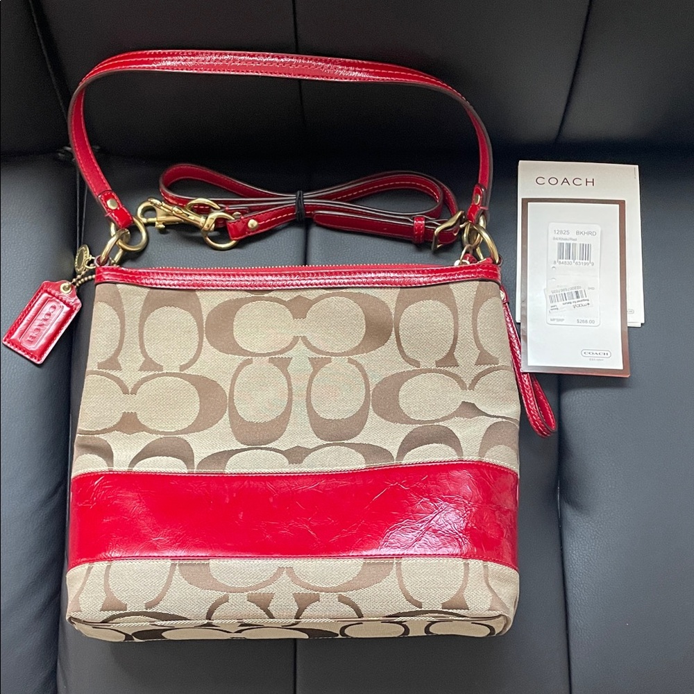 Vintage Red/Tan Coach Signature Hobo Satchel Canvas Shoulder Bag Purse MSRP $268